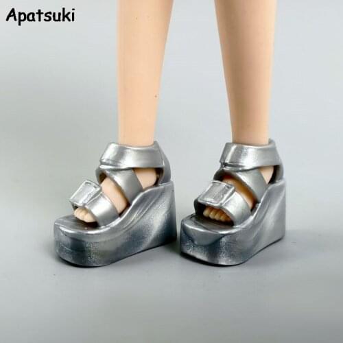 Silver Grey Wedge Platform Fashion Doll Shoes for Barbie Doll Summer Sandals for Blythe Dolls Accessories Kids Toys 1/6 DIY