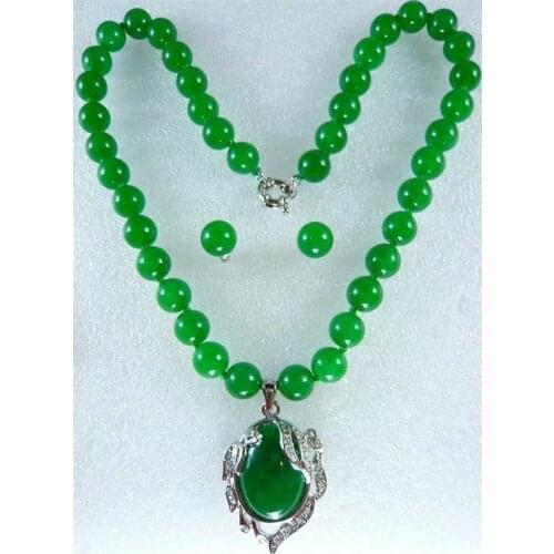 New 10MM noblest green jade necklace +18KGP pendant earring set 18"AAA