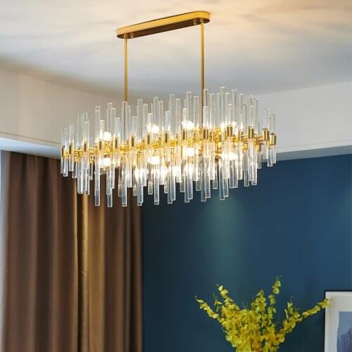 Luxury Dining Room E14 Led Chandelier Lustre Shiny Gold Metal Glass Rod Hanging Chandelier Lighting Led Indoor Lamp Fixtures