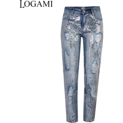 LOGAMI Ripped Jeans for Women Vintage Straight Jeans Woman Denim Pants Light Blue