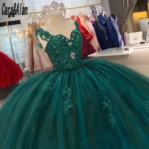 Dark Green Quinceanera Dresses Lace Applique Sweet 16 Dress Crystal Beaded vestidos de 15 Ball Gown Prom Gowns