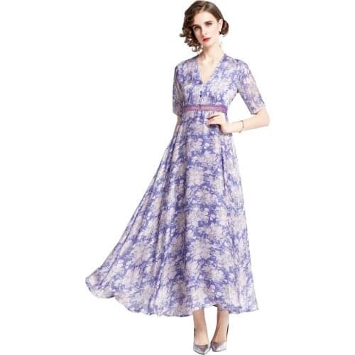 Vestidos De Fiesta 2021 Summer High Quality Beach Dress V-Neck Vintage Floral-Print Elegant Party Vacation Short Sleeve Dresses