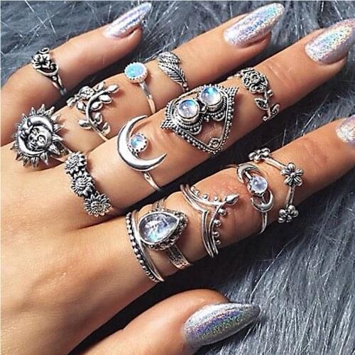 14pcs/set Vintage Sun Moon Ring Sets For Women sunflower Branches Geometric Finger Rings Set Boho Jewelry Gift