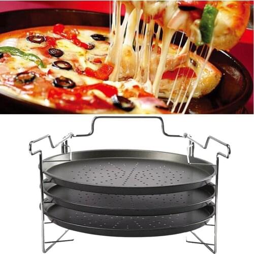 4pcs/set 12inch Pizza Baking Pan+Holder Rack Carbon Steel Pizza Tray Pancake Pizza Plate Bakeware Kitchen Baking Tools
