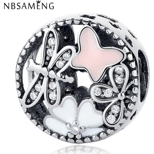 925 Sterling Silve Hollow Enamel Butterfly & Dragonfly With Crystal Beads Charm Fits Bracelets Jewelry