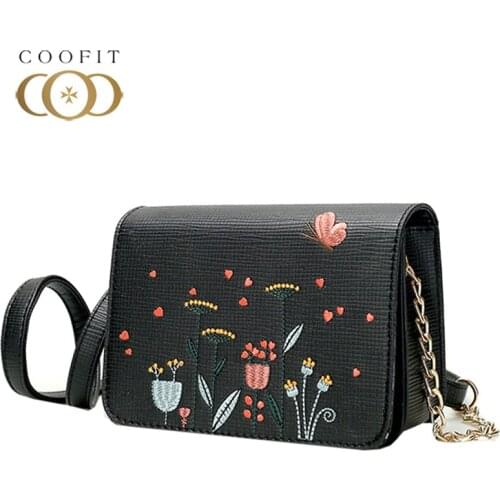 Coofit Sweet Floral Mini Bags Girls Flower Embroidery Messenger Bag Women Small Fashion PU Leather Chains Shoulder Crossbody Bag
