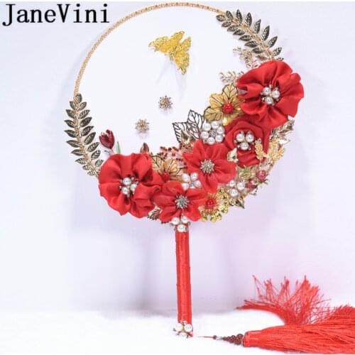 JaneVini Chinese Style Wedding Fans Bridal Bouquet Pearl Gold Butterfly Red Satin Flowers Bride Fan Crystal Bouquet Pernikahan