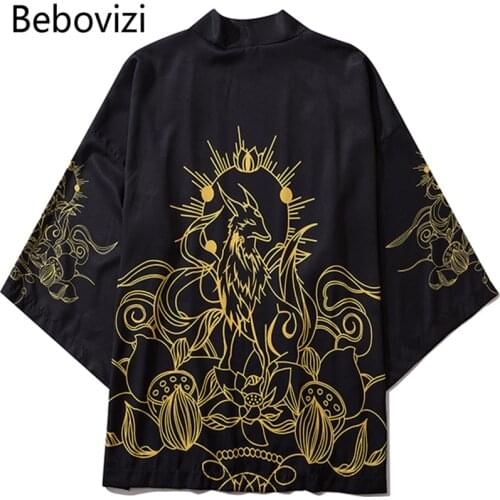Bebovizi Japanese Style Lotus Flowers Print Kimono Hip Hop Cardigan Coats Harajuku Women Casual Loose Tops Streetwear Shirts