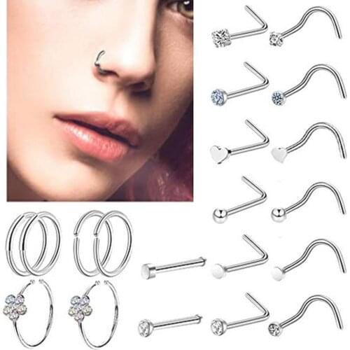 36Pcs Unisex C Shape Nose Stud Rings Rhinestone Nose Piercing Ring Nose Stud Body Piercing Kit Nose Rings Body Jewellery