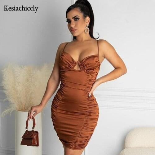 Kesiachiccly Summer Ruched Dress Women V Neck Backless Robe Spaghetti Strap Sexy Dress Mint Elastic Slim Fit Bodycon Dresses