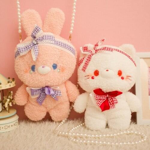 Kawaii Rabbit Cat Bear Shoulder Backpack Crossbody Bag Coin Purse Messenge Bags Plush Toys Girls Girlfriend Kids Children Gift