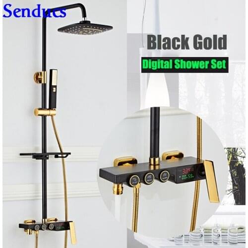 Senducs Black Gold Shower Set Luxury Bathroom Led Digital Shower System Quality Brass Bathtub Faucet Square Hand Shower Head