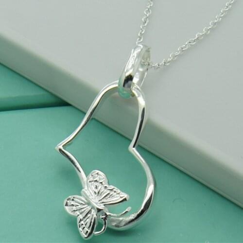 Wholesale Fashion 925 Silver Silver Butterfly Heart Pendants Necklace For Women Jewelry