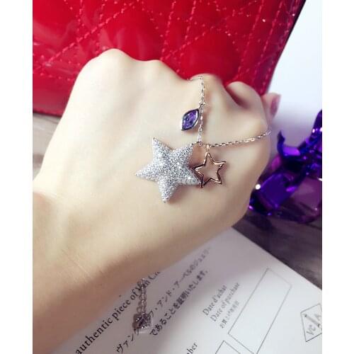 S925 Sterling Silver Double PENTAGRAM NECKLACE cast big star with full Zircon Sterling Silver Jewelry micro inlays