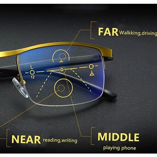 Progressive Multi-Focus Computer Reading Glasses Blue Light Blocking Metal Alloy Multifocal Readers Eyeglasses