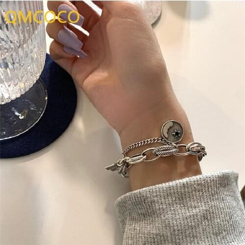 QMCOCO 925 Silver Thick Chain Dollar Circle Star-Shape Pendant Bracelet For Women And Man Vintage Handmade Trendy Party Jewelry