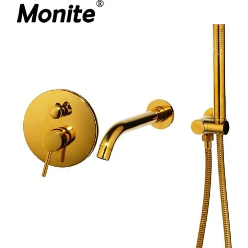 Luxury Golden Plated Wall Mounted Hand Shower Bathroom Bathtub Basin Sink Brass Faucet Mixer Taps Gold Shower Set