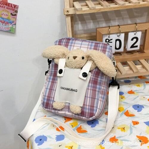 Cute Literary Rabbit Bear Doll Bag Designer Shoulder Bags Female 2021 New Plaid Simple Messenger Student Canvas Small Square Bag