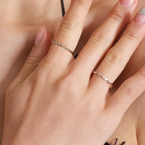 Thin Band Wave & Rope Simple Silver Plated Double Rings for Women