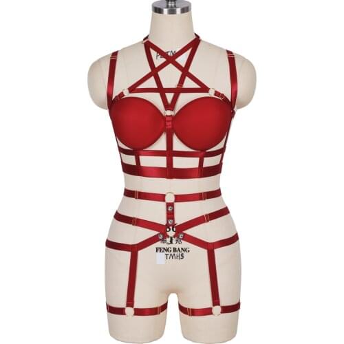 Wine Red Pentagram Womens Underwear Set Bondage Buttocks Adjust Waist Suspender Size Bustiers Sexy Fetish Lingerie Garter