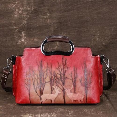 Vintage Genuine Leather Women Tote Bag 2021 New Retro Hand Painted Shoulder Bags Casual Handbag Female Messenger Bag Sac A Main