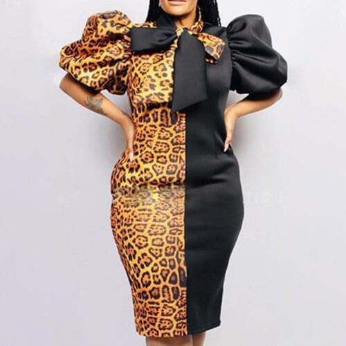 Vintage Puff Sleeve Dress Retro Leopard Color Block Bowtie Collar Women Vestidos African Autumn Large Plus Size Midi Dresses