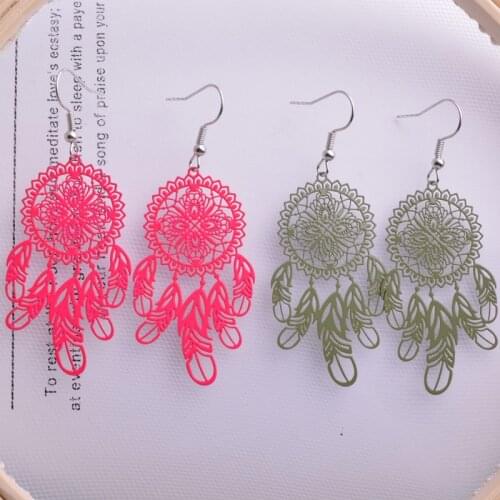 Filigree Dreamcatcher Dangle Earrings jewelry Brass Long Drop Tassel PurpleKhaki Black Pink Rose Red earrings For Women