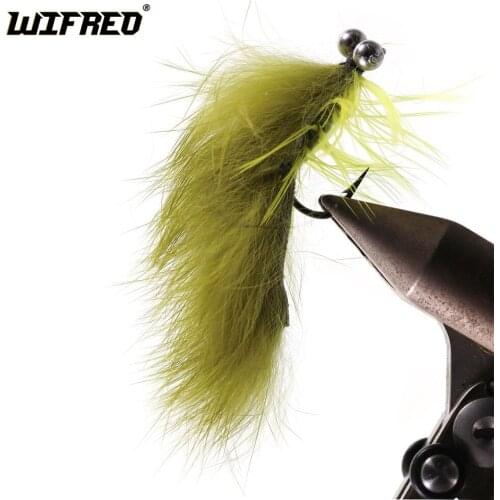 Wifreo 6PCS 6# Green / Olive White Black Dumb Bell Eye Zonker Fly Fishing Streamers Fishing Flies Lure Baits