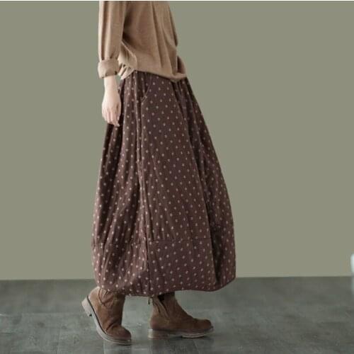 2021 Vintage Thick Bud Skirt Winter Print Elastic Waist Warm Cotton Linen Skirts Women Clothes Loose Autumn Long Skirts Female