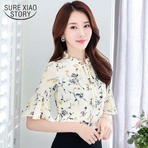 Printed chiffon shirt female 2019 spring fashion loose thin seven-point sleeves wild women shirt trumpet sleeve chiffon 2047 50