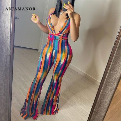 ANJAMANOR Halter Backless Striped Jumpsuit Womens Summer Clothing 2021 African Flare Pants Suits Sexy Club Outfits D89-CC36