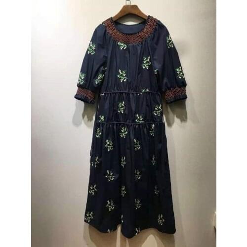 Tops Fashion Cotton Dress 2021 Autumn Women Exquisite Embroidery Half Sleeve Mid-Calf Length Casual Dark Blue Dress Vintage