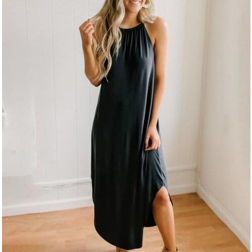 Summer 2021 Women Dress Casual Sleeveless Retro Halter Solid Beach Long Dress Round Neck Sling Fashion Beach Clothes