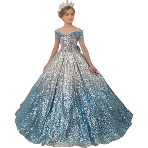 Customized Girl Party Dress Off Shoulder Colorful Sequins Bow Ball Gown for Wedding Princess Dress 3-15Y E63001