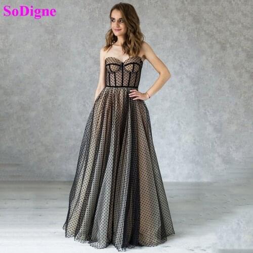 SoDigne Elegant Bohemian Black Polka Dotted Evening Dress 2021 A Line Sexy Party Gown Corset Long Formal Prom Dress