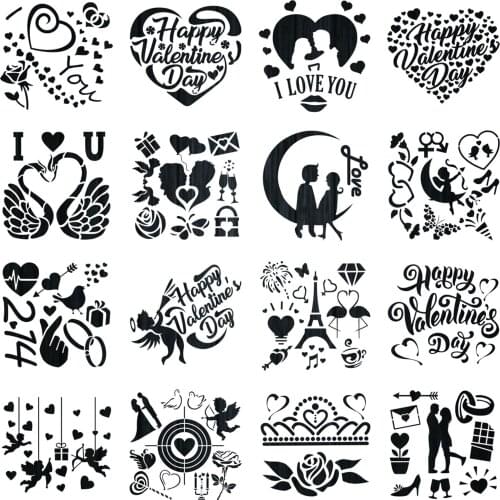 16pcs Valentines Day Drawing Stencil For Painting Love Art Pattern Hollow PET Mold DIY Reusable Graffiti Painting Template