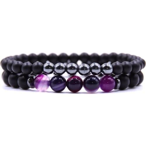 2pcs/set Striped Stone Energy Bead Bracelet 6mm 8MM Black Matted Stone Beaded Women Classic Punk Lover Friendship Bracelet