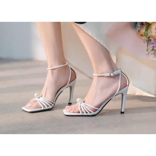 Dipsloot Girls Gold White Black Genuine Leather Pearls Thin Heels Sandals Woman Square Open Toe Narrow Bands Knots Party Shoes