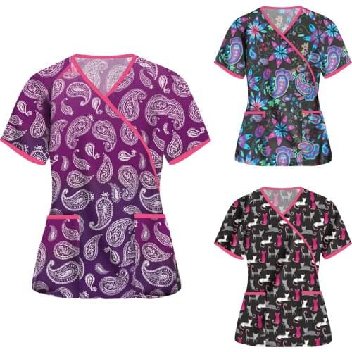 Nurse Uniform Women Short Sleeve V-neck Tops Work Uniform Cat Cashew Printing Patchwork Pocket Blouse Tee медицинская одежда q5