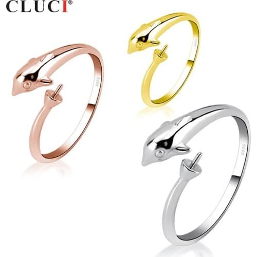CLUCI 925 Sterling Silver Dolphin Design Adjustable Pearls Ring Mounting Silver 925 Women Open Rings Jewelry SR2002SB