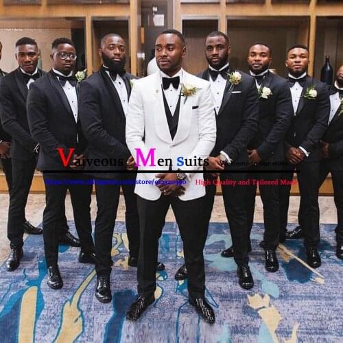 New White Men Suit With Black Pants Wedding Suits For Men Shawl Collar 3 Pieces Slim Fit Groomsmen Wedding Party Tuxedo Blazer
