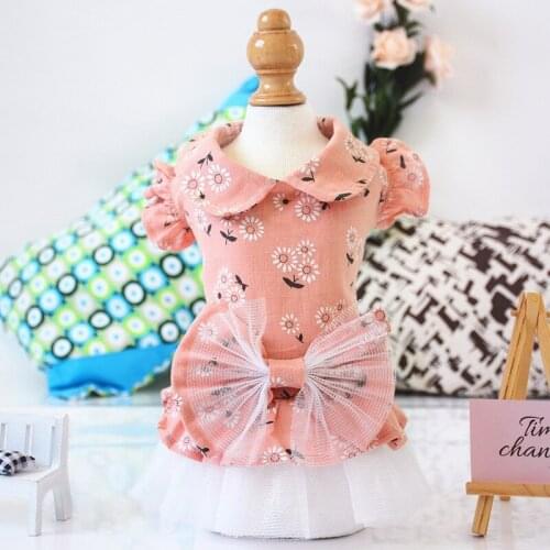Lace Dog Clothes Cat Skirt Cotton Printing Doll Collar Bowknot Gauze Princess Dogs Cat Dresses Poodle Sweet Lady Puppy Apparels