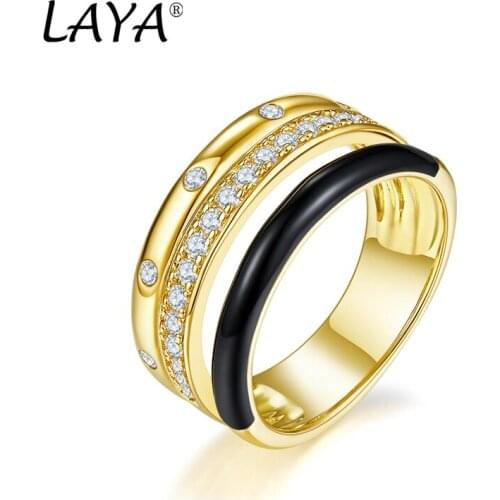 LAYA 925 Sterling Silver Fashion High Quality Zircon Multi-line Design Black Enamel Finger Ring For Women Party Luxury Jewelry