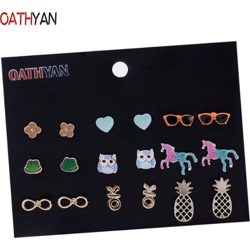 OATHYAN 9 Pairs/Set Newest Enamel Heart Flower Owl Unicorn Small Stud Earrings Set Gifts Jewelry Golden Metal Pineapple Earring