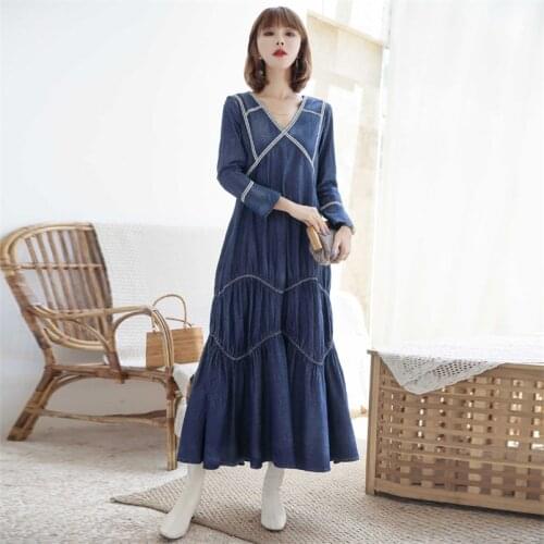 Autumn Womens Denim Patchwork Dress 2020 Vintage Loose V neck Draped Dress QN2263 Female Woman Dresses O-Neck A-line Vestidos