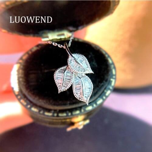 LUOWEND 18K White Gold Necklace Engagement Necklace Leaf Shape Pendant Natural Diamond Necklace Anniversary Gift for Women