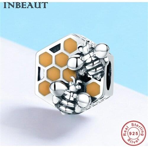 Fit Europe Bracelet S925 Lovely Honeybee Charm 925 Sterling Silver Bee Collecting Honey Brown Enamel Beads for Women Bangles