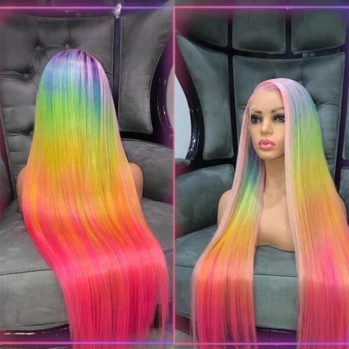 Preferred Pink Purple Red Rainbow Wig Pre Plucked 13x4 Lace Front Wig Brazilian Remy Straight Human Hair Wigs with Baby Hair