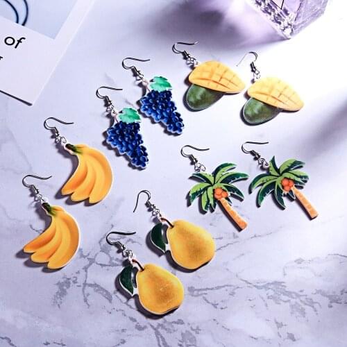 New Fashion Creative Acrylic Fruit Banana Mango Yellow Pear Grape Coconut Tree Ladies Pendant Earrings Jewelry Free Shipping