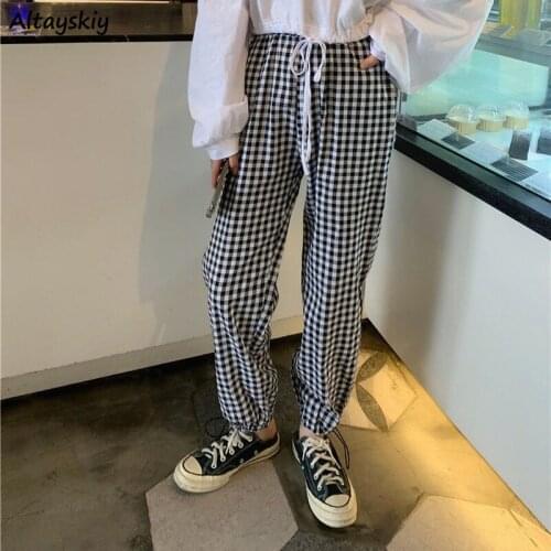 Harem Pants Women Plaid Korean Style Leisure Loose Students All-match New Full Length Drawstring Female Retro Simple Summer 2021